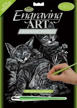 Royal Brush Engraving Art Silver Foil Tabby Cat & Kitten